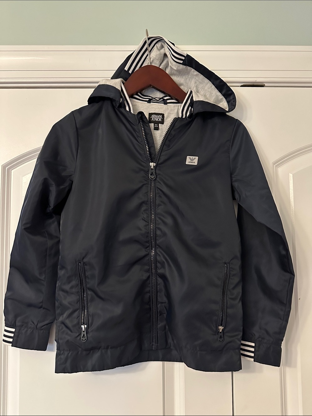Armani Junior Navy and White Hooded Windbreaker